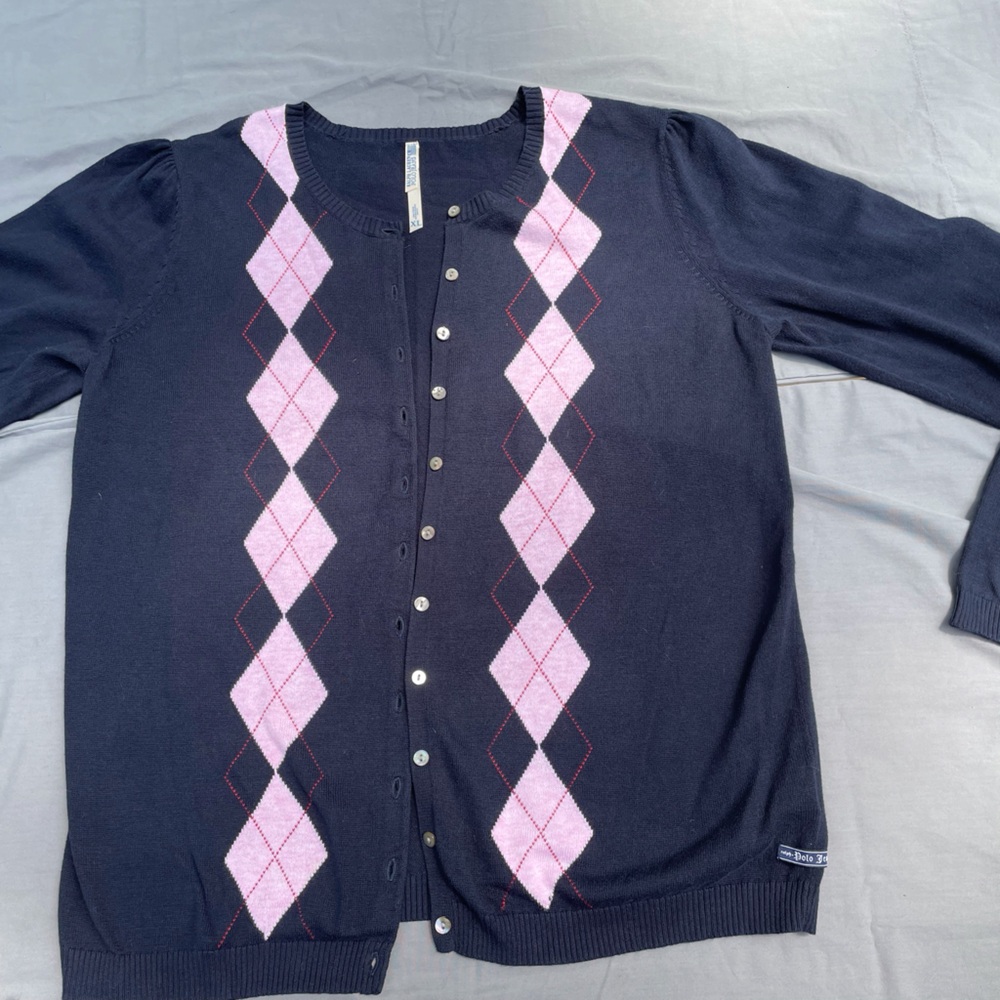 Lightweight blue and pink argyle sweater.